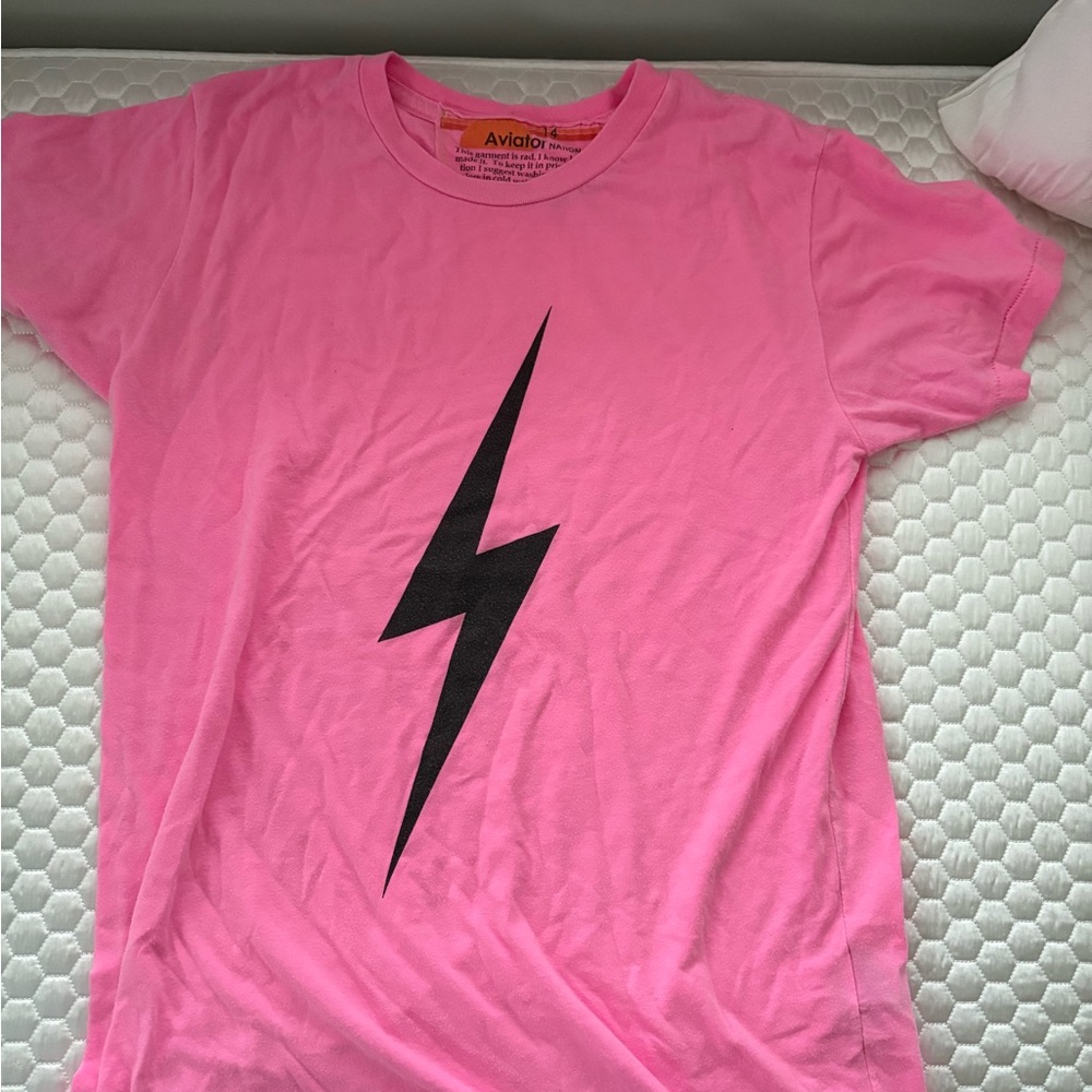 Aviator Nation Pink T-Shirt with Black Lightning Bolt